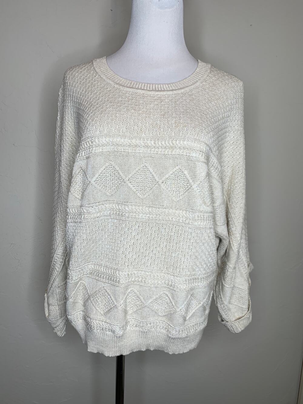 Cream Oversized Sweater Size Large Light Weight Textured Roll Sleeve